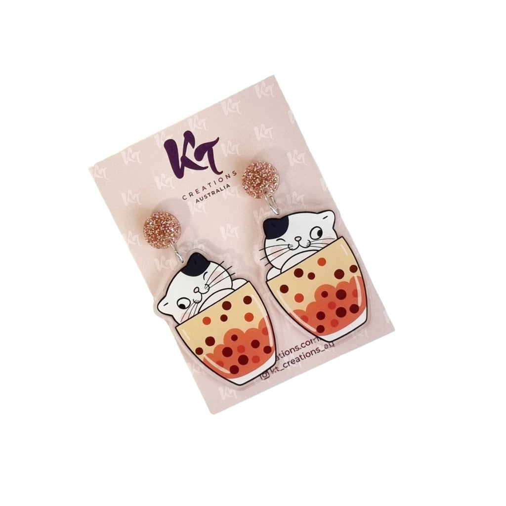 Bubble Tea Kitty Earrings - UV Printed Acrylic Dangles - Dusty Blend